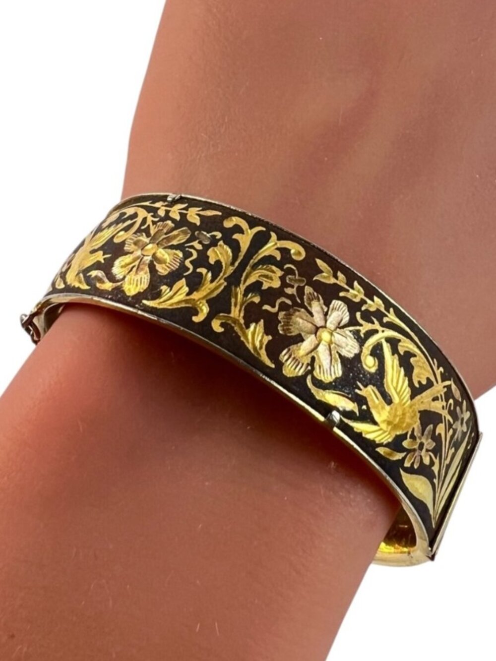 Vintage Toledo Damascene Bangle Bracelet, Birds & Flowers, Gold Inlay, 2.38"